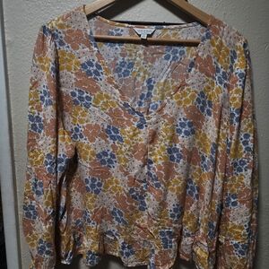 Lucky Brand Floral V-Neck Blouse - Orange, Blue, Yellow